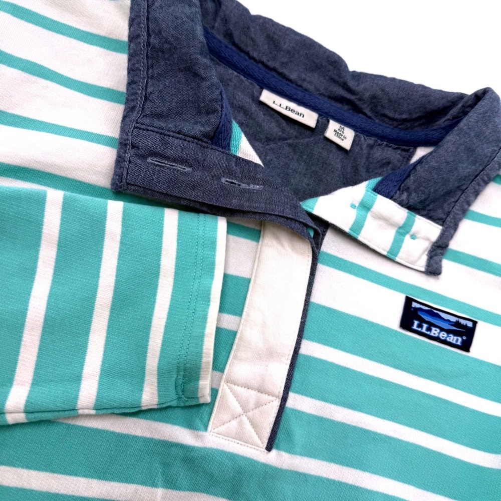 LL‎ Bean Womens Rugby Shirt Size Medium Long Sleeve Striped White Seafoam Green